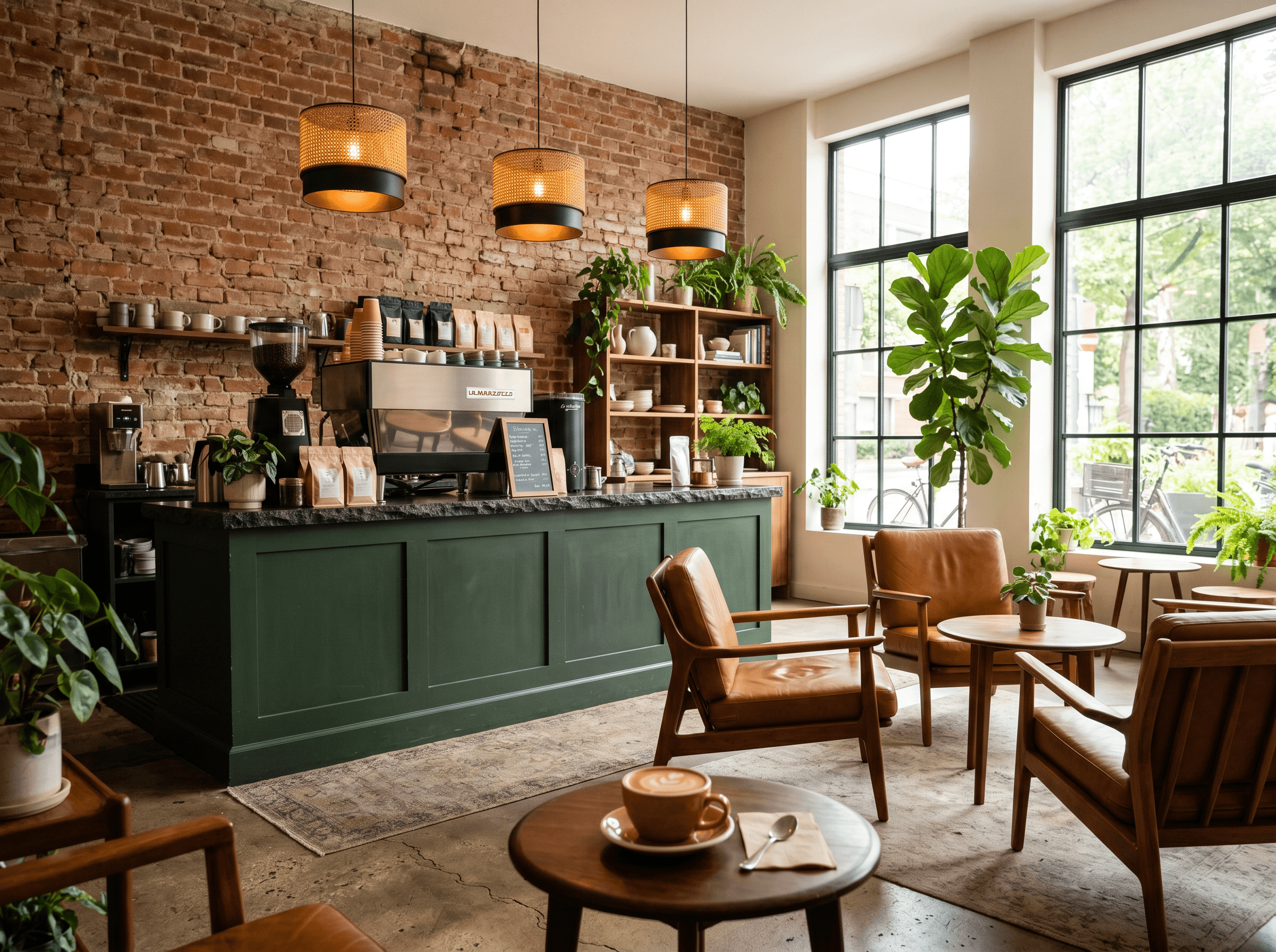 Interiören på KOPPA — varm kaffebar med tegelvägg och gröna detaljer